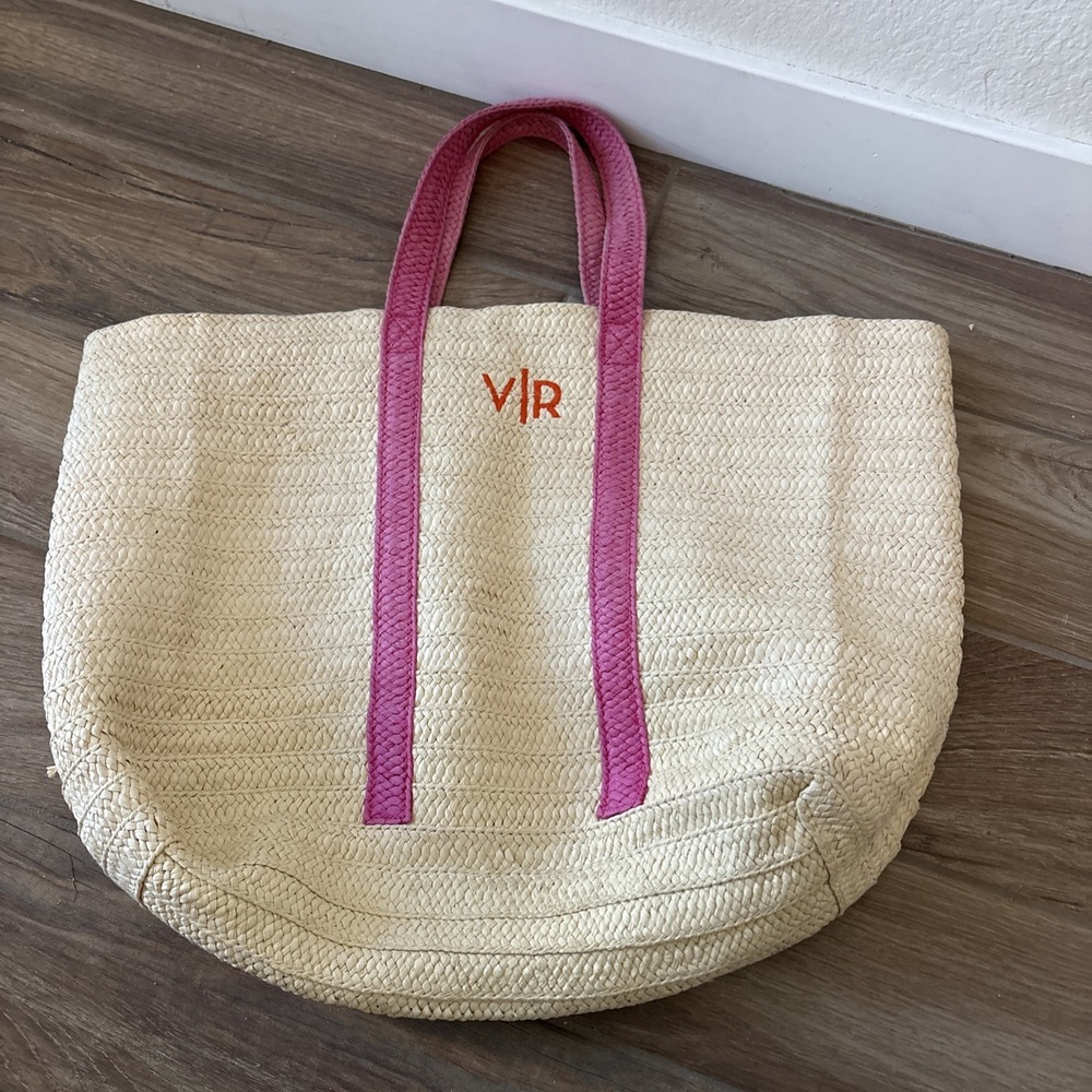 Mark And Graham Straw Bag Pink And Cream Embroidered V/R 22" x 18" - Picture 1 of 8